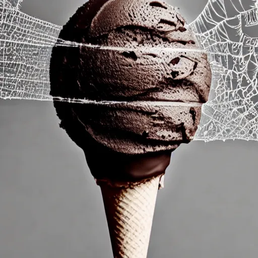 Prompt: detailed, textured photograph of a levitating chocolate ice cream cone with huge, hairy spider legs at the bottom c. dramatic light.