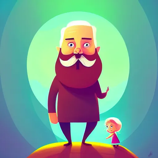 Prompt: curled perspective digital art of a cute smiling beard grandpa cartoon character with baby girl by anton fadeev