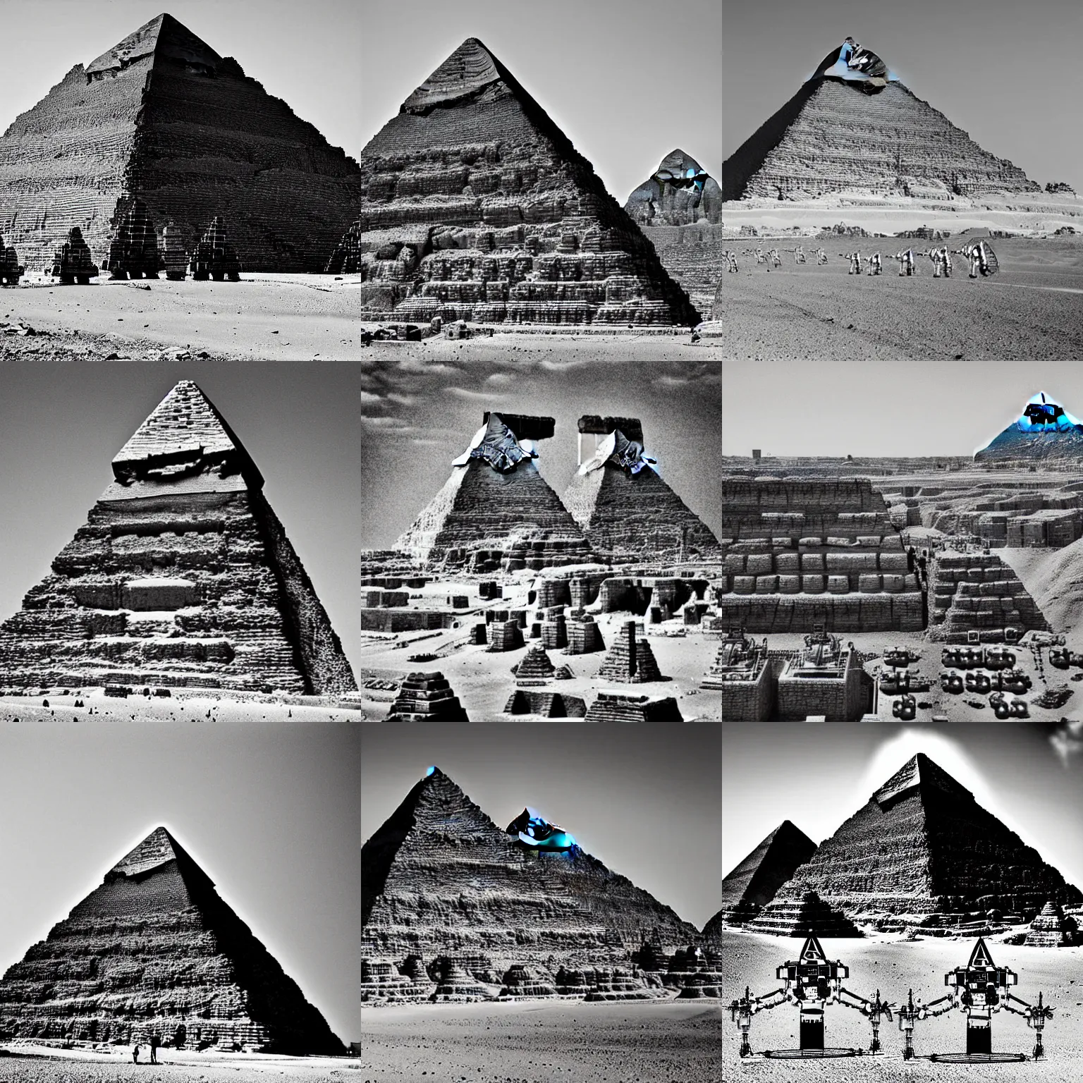 Prompt: massive alien robots building the gizah pyramids, giant robots, hyper mega high robots, bw photograph,