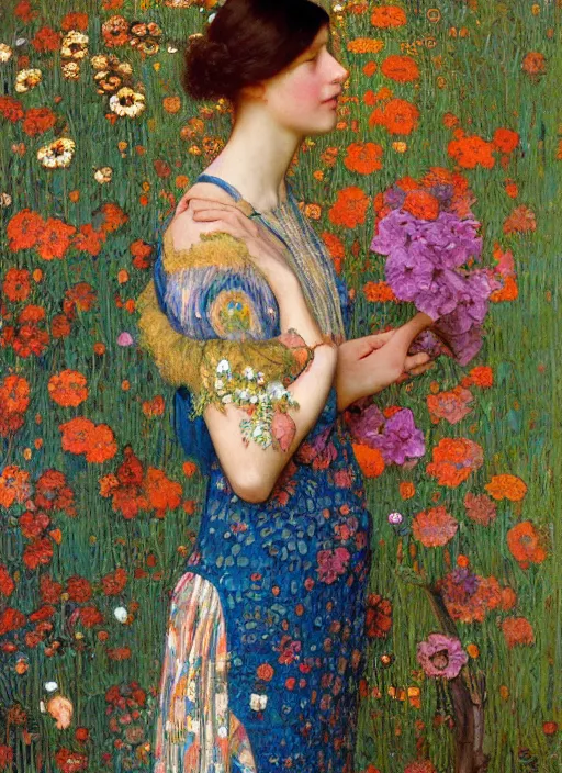 Image similar to a beautiful woman in a colorful dress surrounded by colorful patterns and flowers by john william waterhouse and gustave klimt and and edgar maxence and michael whelan, artistic, intricate realistic fantasy, extremely detailed and beautiful face, 8 k resolution, dramatic lighting