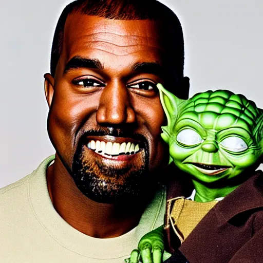 Image similar to kanye west smiling and holding yoda for a 1 9 9 0 s sitcom tv show, studio photograph, portrait