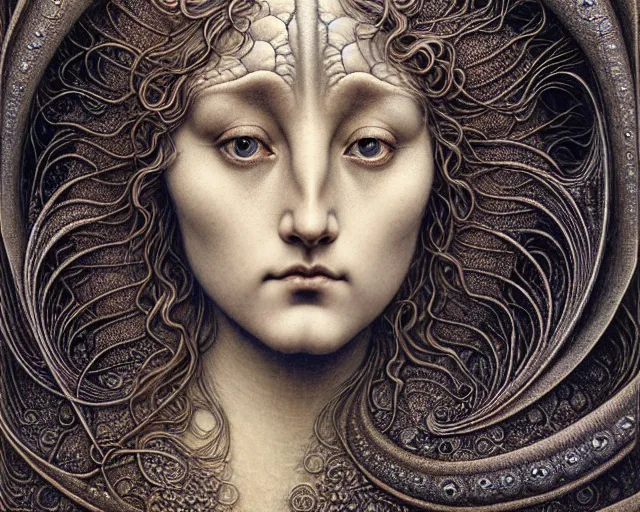 Image similar to detailed realistic beautiful moon goddess face portrait by jean delville, gustave dore, iris van herpen and marco mazzoni, art forms of nature by ernst haeckel, art nouveau, symbolist, visionary, gothic, neo - gothic, pre - raphaelite, fractal lace, intricate alien botanicals, ai biodiversity, surreality, hyperdetailed ultrasharp octane render