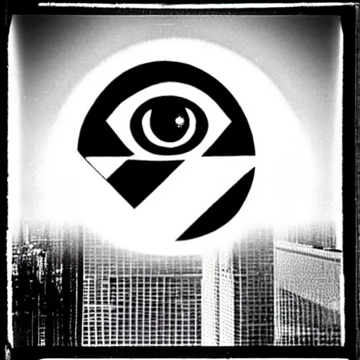 Image similar to an all - seeing eye floating in the sky over a city, high contrast, low key, black and white, lens flare, newspaper, film grain