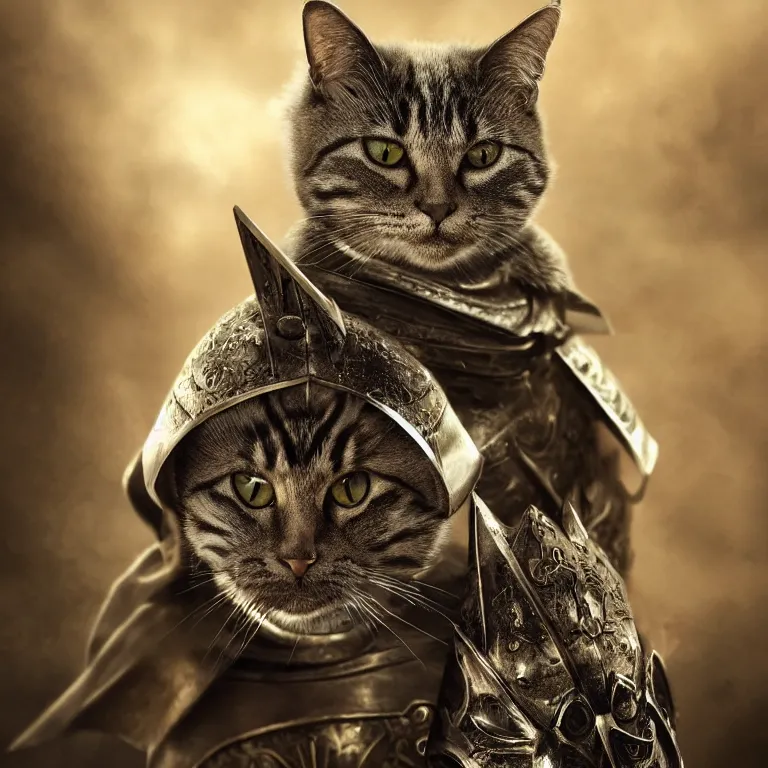 Image similar to an amazing award winning portrait photo of a cat as a knight templar, very detailed and sharp, 4k hdr, cinematic masterpiece