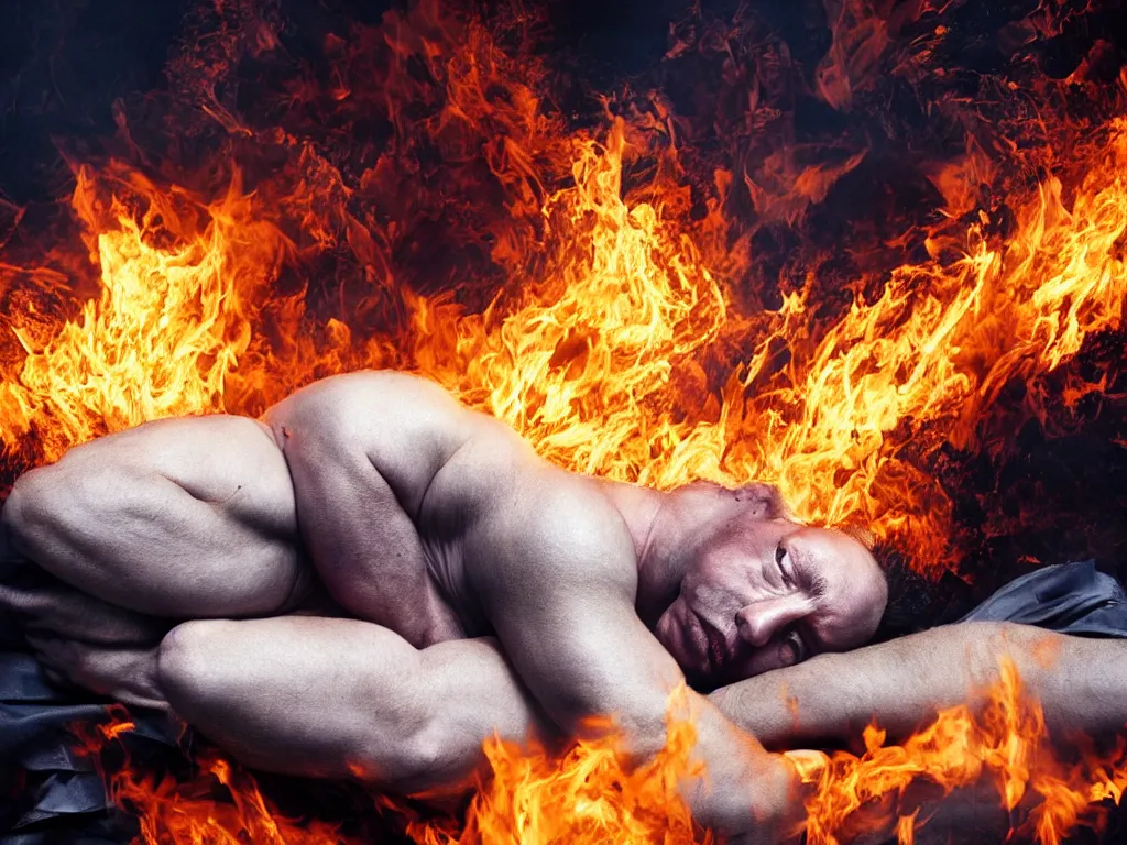 Image similar to extremely detailed digital painting of till lindemann lying on a burning bed, stunning scene, 4 k, realism, bright colors, trending on artstation