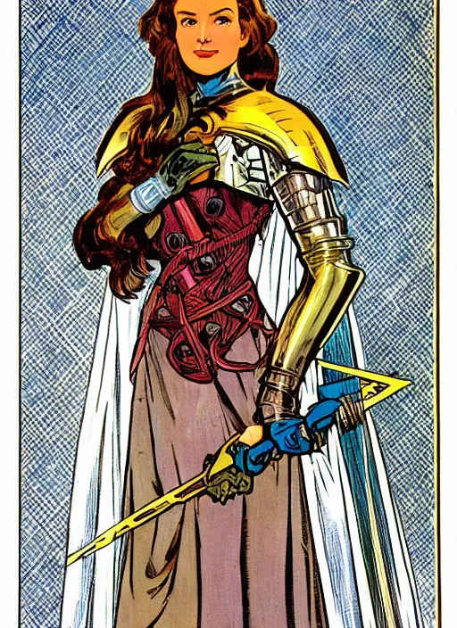 Image similar to head and shoulders portrait of a female knight. well composed, clean elegant painting, beautiful detailed face. comic book art by steve ditko and jack kirby and ( alphonse mucha )