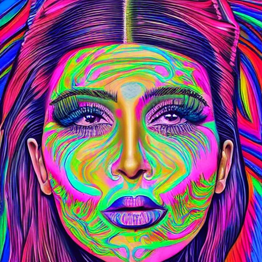 Prompt: an extremely psychedelic portrait of kim kardashian, surreal, lsd, face, detailed, intricate, elegant, lithe, highly detailed, digital oth, sharp focus, illustration,