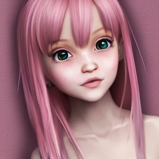 Image similar to Render of Nikki from Shining Nikki Dress-Up Game, a cute 3D young woman, long light pink hair, full bangs, full round face, hazel amber eyes, pale skin, cute freckles, light blush, Chinese heritage, smiling softly, wearing casual clothing, interior lighting, cozy living room background, medium shot, mid-shot, hyperdetailed, trending on Artstation, Unreal Engine 4k