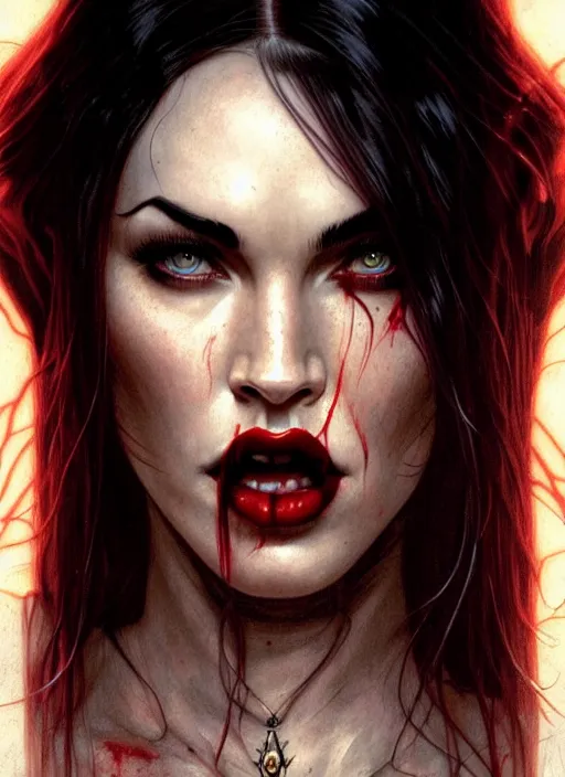 Image similar to portrait of megan fox as vampire queen, bats, dracula, blood, full moon, intricate, headshot, highly detailed, digital painting, artstation, concept art, sharp focus, cinematic lighting, illustration, art by artgerm and greg rutkowski, alphonse mucha, cgsociety