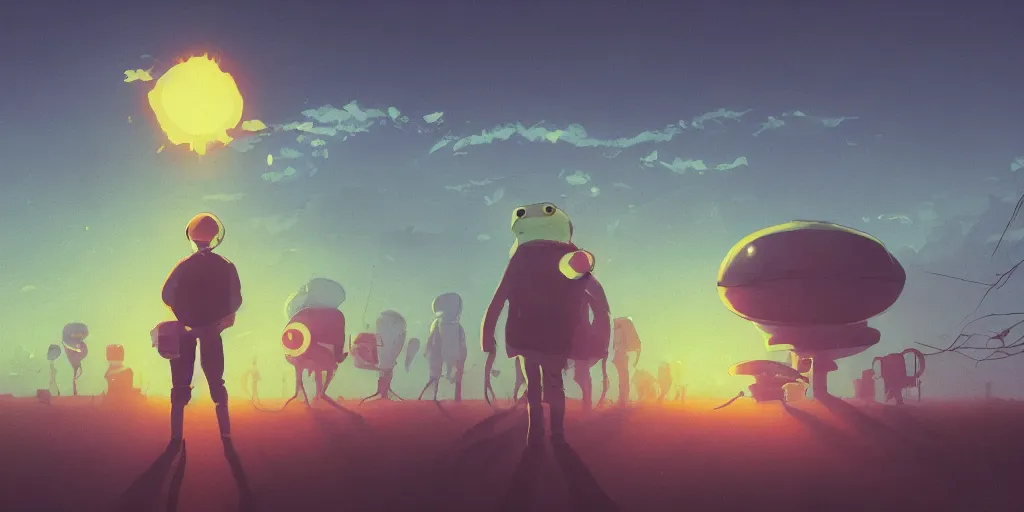 Prompt: Portrait using the Rule of Thirds,alien frogs, focusing on an alien frog invasion, the sun is exploding, Portrait, Very Cloudy Sky, Sun, Neon Lights, Rule of Thirds, perspective, Retrofuturism, Studio Ghibli, Simon Stålenhag