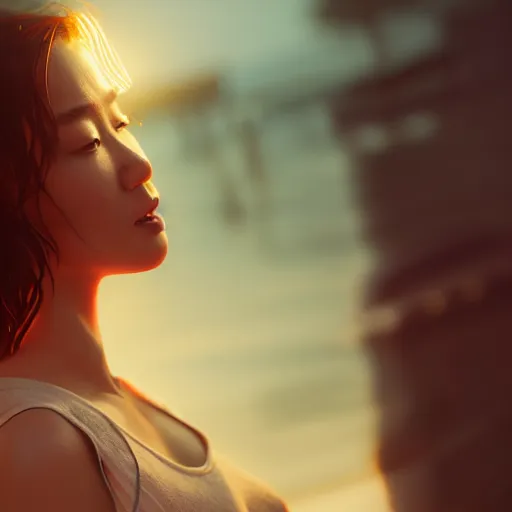 Image similar to a photorealistic hyperrealistic, jade hsu, jada fox, girl on the beach, beautiful dynamic dramatic low - light moody lighting, cinematic atmosphere, artstation, concept design art, octane render, 8 k