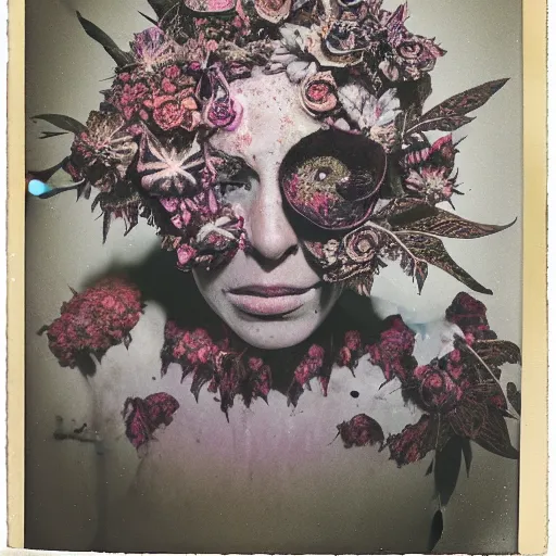 Image similar to a beautiful detailed front view portrait of a rotten woman corpse with fractal plants and fractal flowers growing around, volumetric light, beautiful lit, polaroid photography