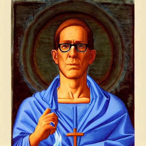 Image similar to waist - up shot, hank hill wearing a white toga, emerging from blue fire, surrounded by blue flames, renaissance religious painting, late gothic religious paintings, byzantine religious art, painting by duccio di buoninsegna and carlo crivelli, trending on artstation