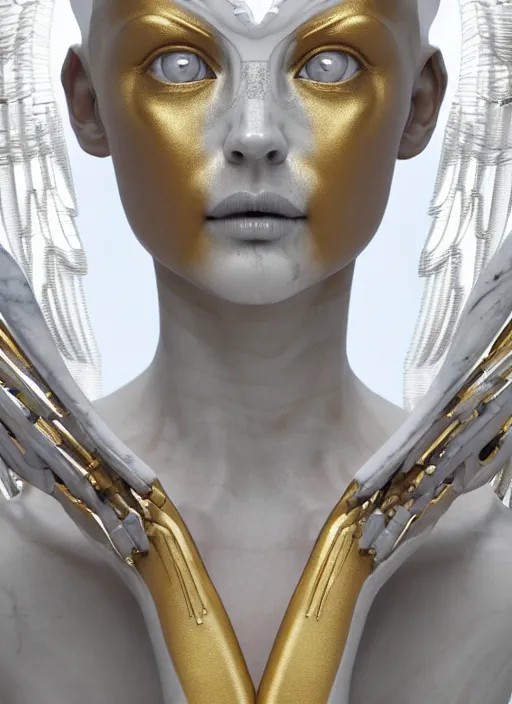 Image similar to a statue made of white marble with gold veins, of an gorgeous futuristic cybernetic angel girl, prostheses, transhumanism, full body shot, perfect symmetrical body, perfect symmetrical face, hyper realistic, hyper detailed, by johannen voss, by peter kemp, by monia merlo, by michelangelo, octane render, blender, 8 k