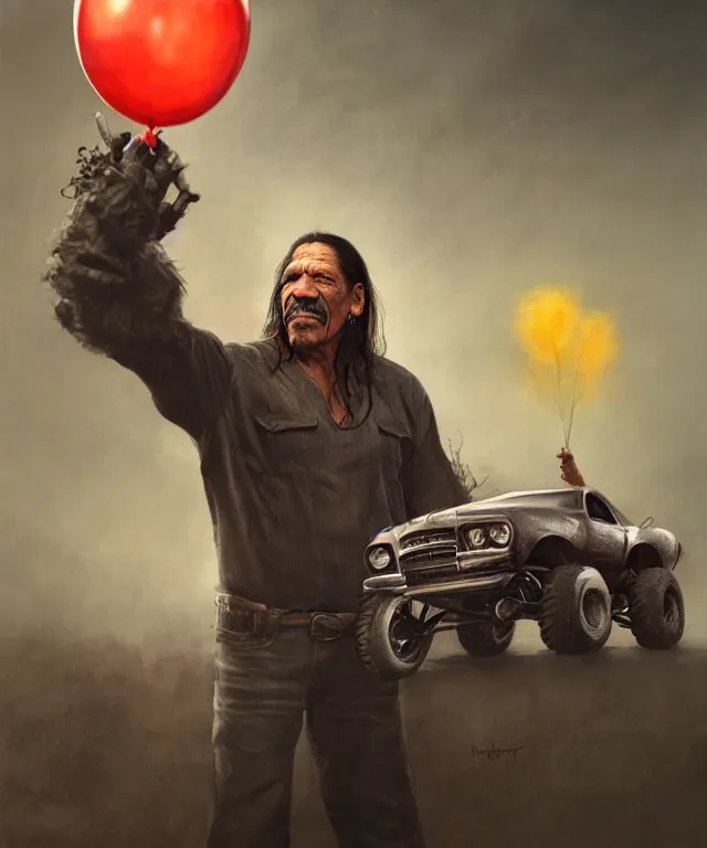 Image similar to danny trejo, cinematic, driving monster truck grave digger, holding a balloon elegant, highly detailed, digital painting, artstation, smooth, hard focus, illustration, art by jessica rossier and and brian froud