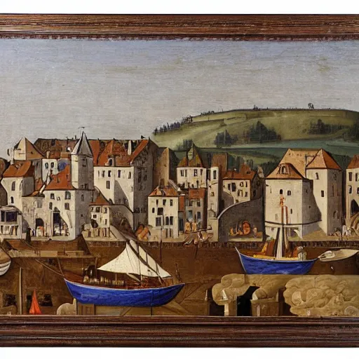 Prompt: medieval large port painting in style of marc simoett