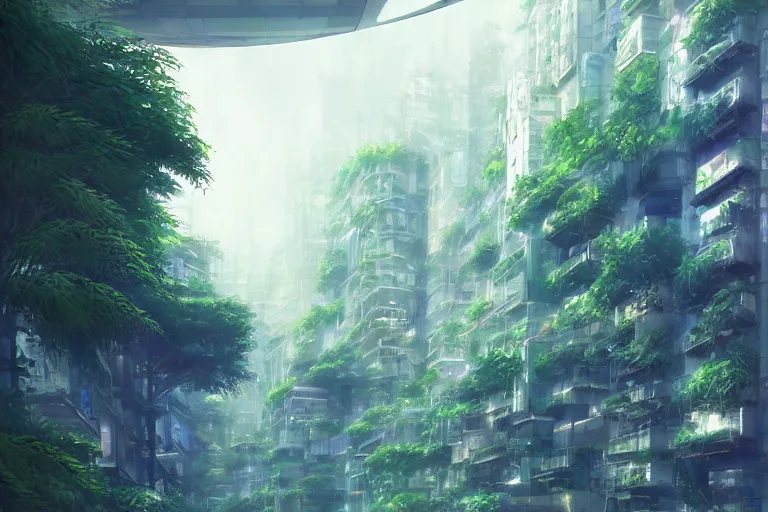 Image similar to futuristic city, lush vegetation, humid, early evening, diagonal view, geometric buildings, cloudy, beautiful, dull pastel colors, realistic, foggy, dreamy, nostalgic, bright, trending on artstation by yoshitaka amano and makoto shinkai, studio ghibli style