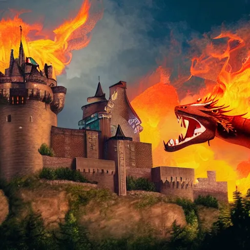 Prompt: a cartoonish photo of a castle near the river and a dragon in the flames flying by