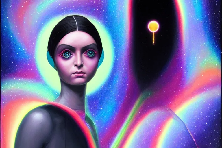 Image similar to patron saint of 🛸🌈👩🏾, futuristic iridescent clothing, wormhole, nebula, black hole, multiverse, neon god of city character portrait, in the style of margaret keane, moebius, tom bagshaw, and waterhouse, cinematic lighting, beautiful, elegant, oil painting,