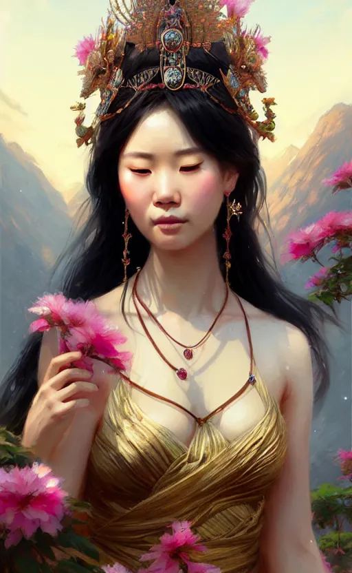 Image similar to a beautiful taiwan goddess with sundress with jewelry | | winter, realistic shaded, unpleasant face, good looking, fine details, realistic shaded lighting poster by greg rutkowski, magali villeneuve, artgerm, jeremy lipkin and michael garmash and macoto takahashi