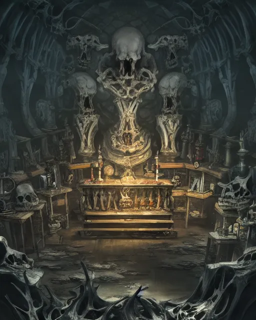 Prompt: full color, low ultrawide interior shot of sedlec ossuary, bones, smooth concept art in anime style mixed with fujifilm, dark, foggy, atmospheric, artstation, cgsociety, rendered, denoise, cinematic masterpiece