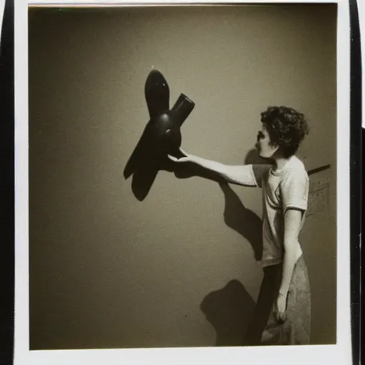 Image similar to polaroid of a skater girl inspecting a sculpture by leonora carrington