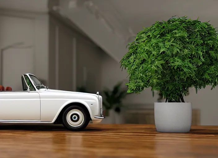 Image similar to a small miniature of a Rolls Royce Corniche Cabrio on a white table near a vase with a plant, 3d render, octane render, unreal engine 5, path tracing, serene landscape, calm, relaxing, beautiful landscape, highly detailed, high quality, 4k, symmetrical, low contrast