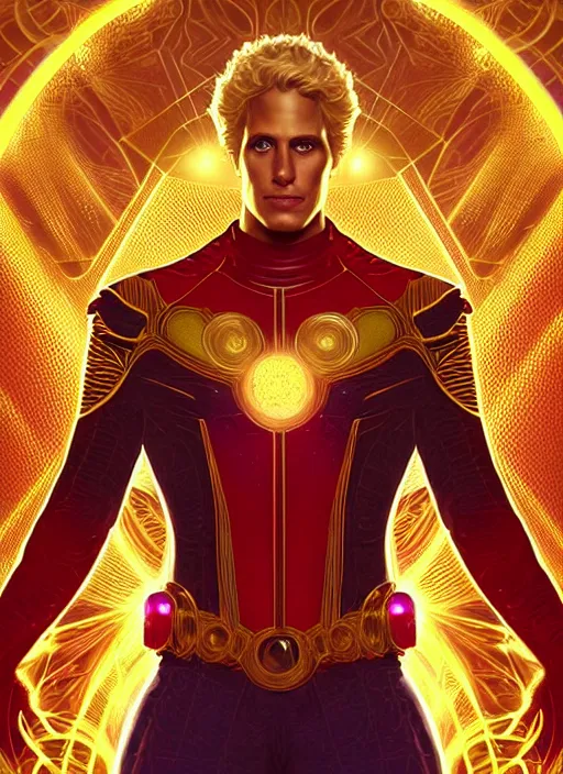 Prompt: portrait of Marvel's Adam Warlock, gold sci-fi armour, tech wear, glowing lights!! sci-fi, intricate, elegant, highly detailed, digital painting, artstation, concept art, smooth, sharp focus, illustration, art by artgerm and greg rutkowski and alphonse mucha