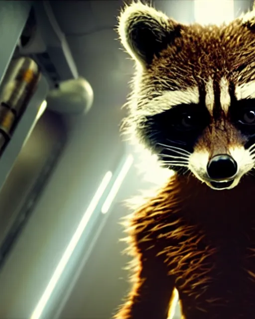 Prompt: film still of rocket the raccoon standing in the hallway of a space ship from guardians of the galaxy, soft volumetric lighting, cinematic, ridley scott, closeup portrait, confident action pose, octane