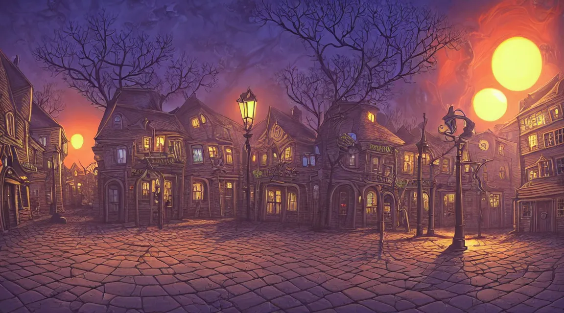 Image similar to empty lovecraftian town square surrounded by houses and inns. cthulhu statue. lovecraftian city at sunset by cyril rolando and naomi okubo and dan mumford and ricardo bofill. lovecraft. cobbled streets. oil lamp posts. lovecraftian. sunset swirly sky.