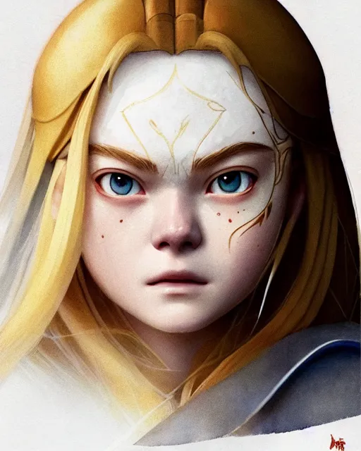 Image similar to elle fanning as an azctec warrior, detailed perfect face, exquisite details, fire magic, mid view, design on a white background, by studio muti, greg rutkowski makoto shinkai takashi takeuchi studio ghibli