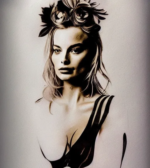 Image similar to tattoo design sketch double exposure of margot robbie with beautiful mountain scenery mash up, in the style of arlo dicristina, surrealist, amazing detail, sharp