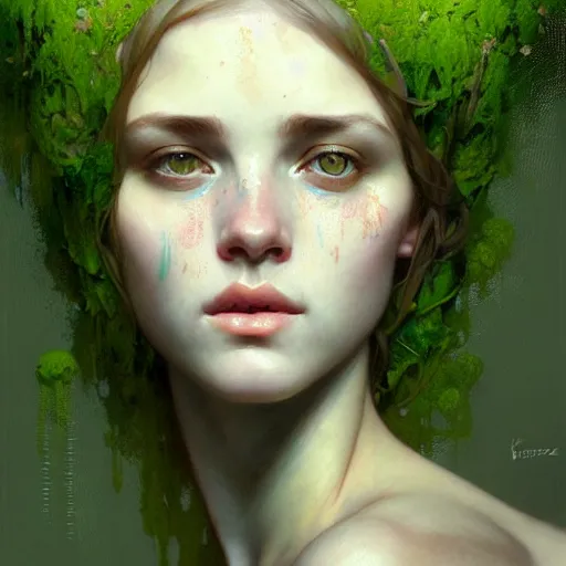 Image similar to A portrait of a girl covered in moss, face, intricate, elegant, highly detailed, digital painting, artstation, concept art, smooth, sharp focus, illustration, art by Krenz Cushart and Artem Demura and alphonse mucha