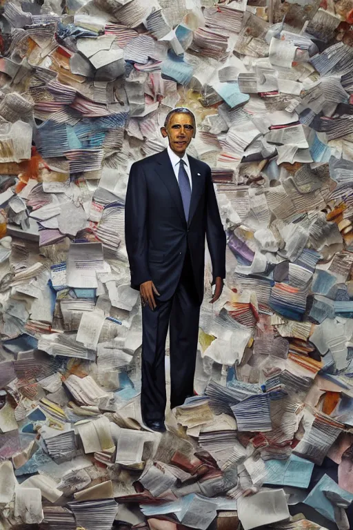 Image similar to obama nervous standing next to a mountain of papers, oil on canvas, intricate, portrait, 8 k highly professionally detailed, hdr, cgsociety