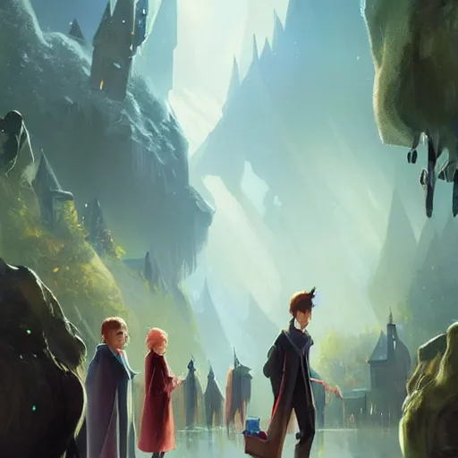 Image similar to a wholesome animation key shot of harry potter students, fantasy, colorful, pixar and disney animation, sharp, very detailed, high resolution, key art by greg rutkowski, bloom, dramatic lighting