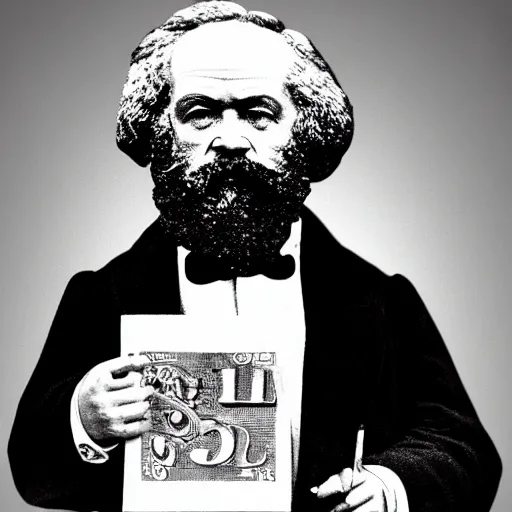 Prompt: karl marx wearing a monocle and top hat while holding a bag of cash outside a stock market, digital art, 4k