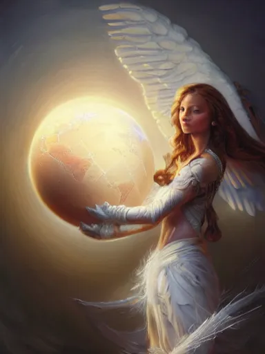 Image similar to an angel holding the world like a baby. intricate, elegant, highly detailed, digital painting, artstation, concept art, sharp focus, illustration, by justin gerard and artgerm, 8 k