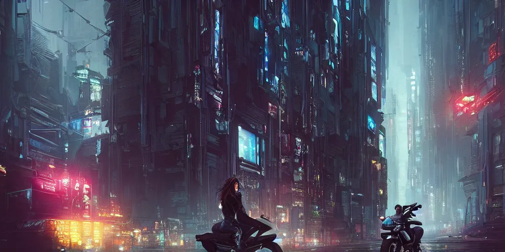 Image similar to portrait of a young beautiful cyberpunk woman on a motorbike driving away down the a street of a cyberpunk city neuromancer, megacity, gorgeous view, depth, high detail, digital art, painted by greg rutkowski & seb mckinnon, trending on artstation