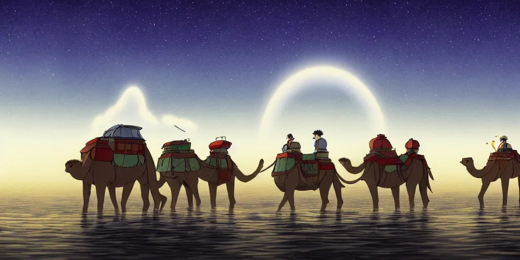 Image similar to a cell - shaded studio ghibli concept art of a hovering ufo shining a spotlight on a camel caravan in a flooded stonehenge desert on a misty starry night. very dull colors, hd, 4 k, hq