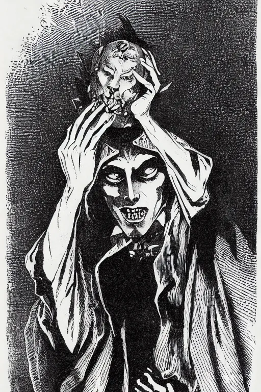 Prompt: 1 9 th century wood - engraving of a ecstatic vampire named dio brando holding a stone mask over his head, whole page illustration from jules verne book titled phantom blood, art by edouard riou jules ferat and henri de montaut, portrait, high quality, beautiful, highly detailed, removed watermarks