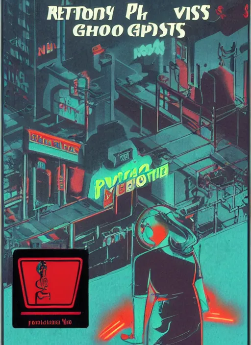 Image similar to retro video game box art for a game about cybernetic ghosts and paranormal noir