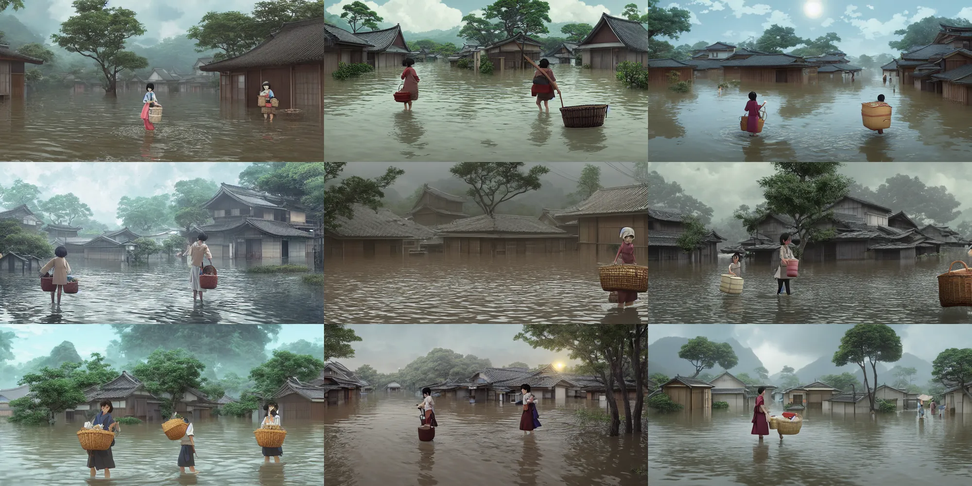 Prompt: a animation key shot of a flooded Japanese village with a mother carrying a basket full of her belongings and trying to survive medium shot, waist up, studio Ghibli, Pixar and Disney animation, sharp, Rendered in Unreal Engine 5, anime key art by Greg Rutkowski, Bloom, dramatic lighting