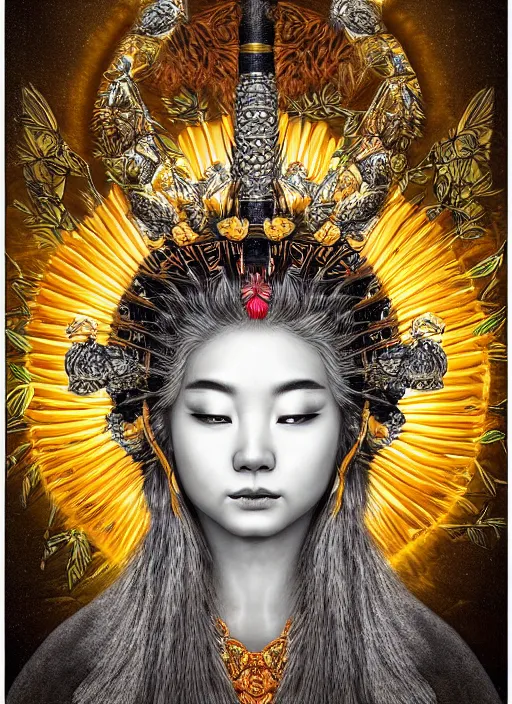 Image similar to hyper realistic portrait photo of ameterasu the sun goddess of japan, portrait shot, intricate detail