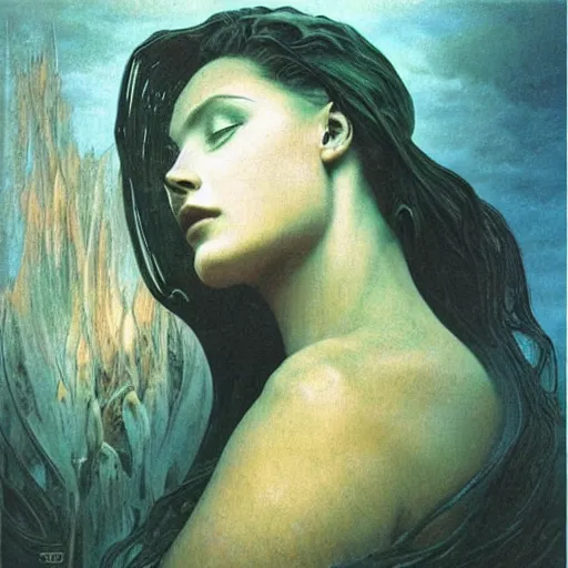 Image similar to queen of jupiter by zdzisław beksinski, zaha hadid and alphonse mucha. highly detailed, hyper - real, beautiful