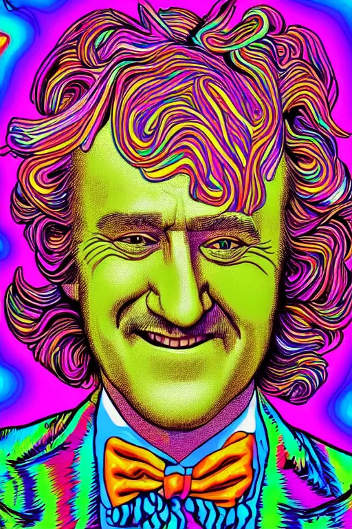 Image similar to a detailed digital neon portrait art of dreaming gene hackman willy wonka smiling with his eyes closed in the style of Alex Grey, lisa frank, psychedelic, fantasy, 8k, ornate, intricate