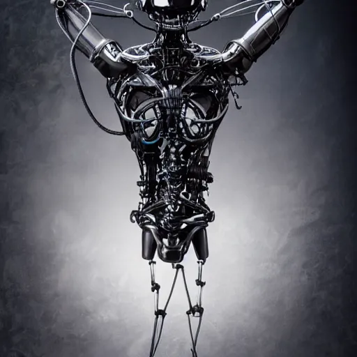 Prompt: the new regime of digital truth biomechanical matte black obsidian with exposed metal strings dark studio 4 k