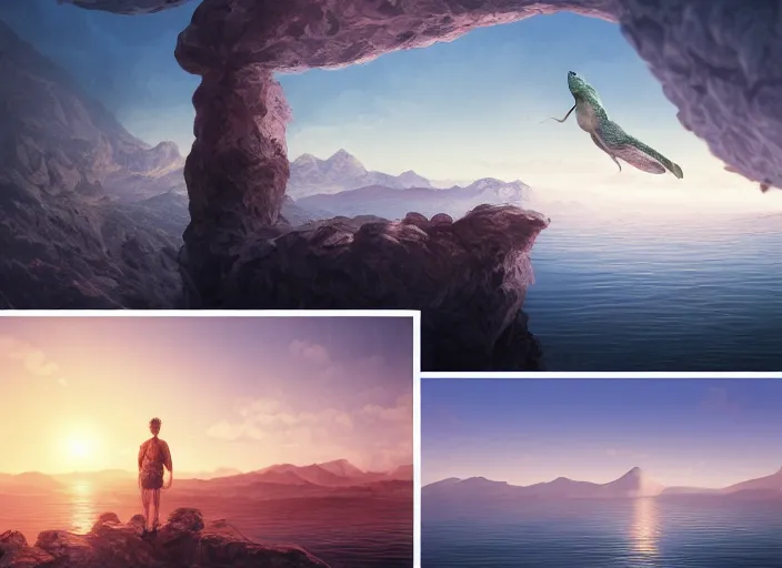 Image similar to independent picture scenery artwork in style by svebeck & tamasaki, rendering of 🐸 and 🐥 talking on the calm sea, sunset, few clouds, matte painting, trending on artstation and unreal engine