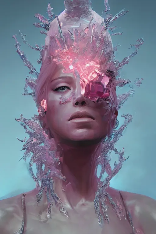 Image similar to A fancy portrait of a pink crystal statue of a women by Greg Rutkowski, beeple, Sung Choi, Mitchell Mohrhauser, Maciej Kuciara, Johnson Ting, Maxim Verehin, Peter Konig, final fantasy, macro lens , 8k photorealistic, cinematic lighting, HD, high details, dramatic, dark atmosphere, trending on artstation