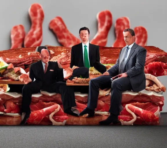 Image similar to realistic photograph of couch made out of meat, business men sitting on couch made out of meat and talking,