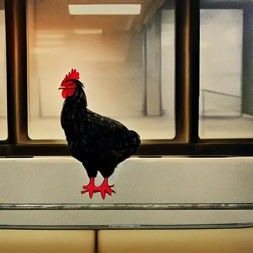 Image similar to a beautiful painting of a chicken sitting in a subway seat, rutkowski, realism, cinematic lighting